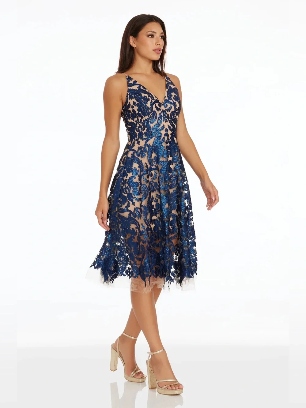Dress the population size XL Blair Dress NAVY BLUE NUDE V-neck midi sequin - Picture 1 of 6